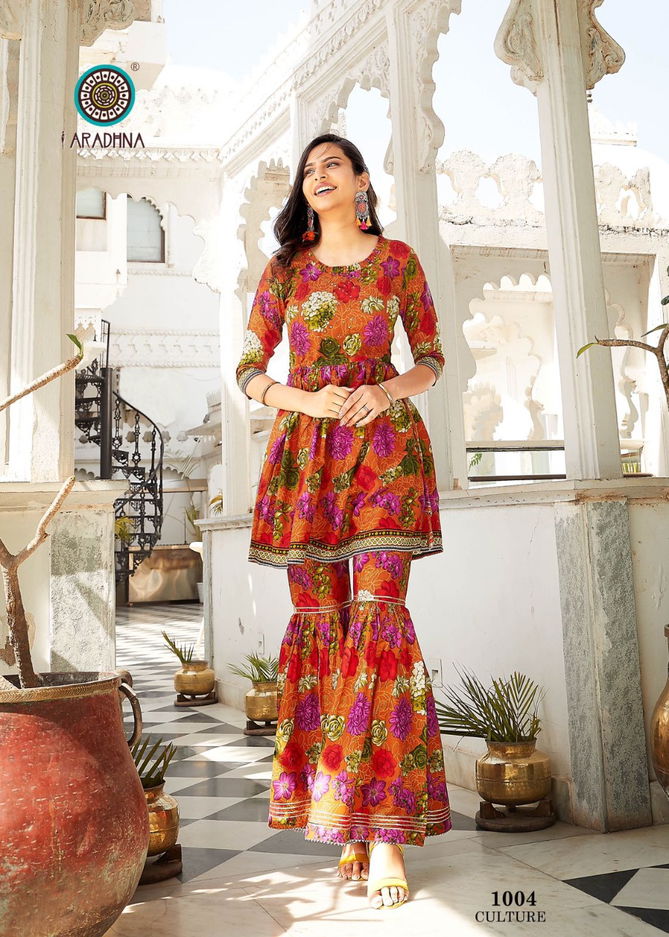 Aradhna Fashion Culture 1 Festive Wear rayon Printed Kurti With Sharara Collection